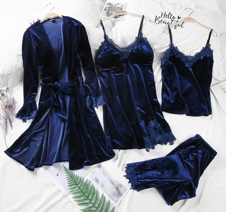 Jerrinut 4PCS Gold Velvet Pyjamas Set Women Nightdress Sleepwear Sexy Lace Pajamas Sleepwear Long Sleeve Nightgown Home Suit