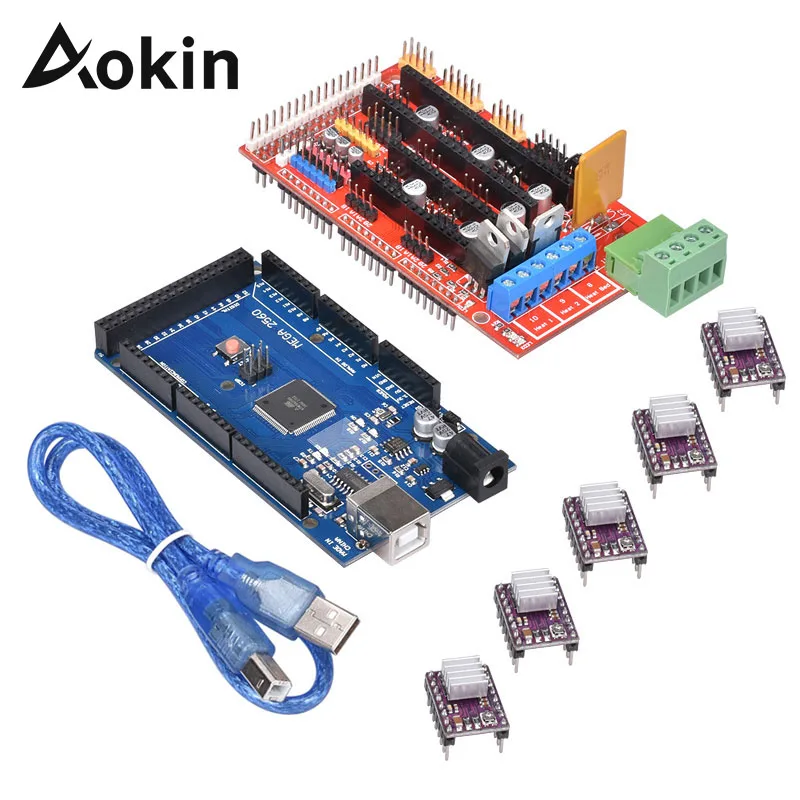 Aokin 1 шт. Мега 2560 R3+ 1 шт. RAMPS 1,4 плате контроллера+ 5 шт. DRV8825 Драйвер шагового двигателя для 3D-принтеры RepRap RAMPS 1,4 комплект