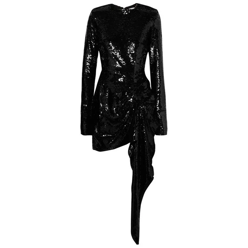 black TWOTWINSTYLE, женское платье с тяжелыми блестками, с круглым вырезом, с длинным рукавом, Асимметричное мини-платье, для женщин, осень, модная одежда, новинка - Цвет: black