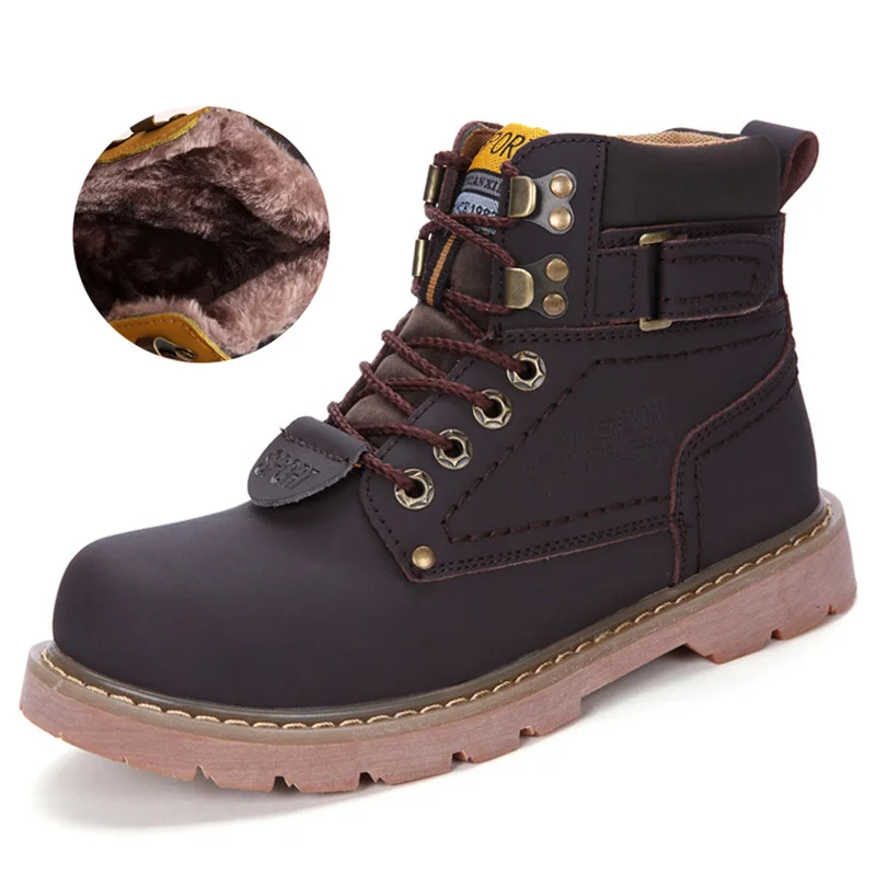 FUR Dark Brown ALCUBIEREE/мужские зимние ботинки из натуральной кожи; мужские теплые ботильоны на шнуровке; модные мужские ботинки в байкерском стиле; ботильоны; botas; большой размер 46 - Цвет: FUR Dark Brown