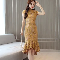 2019 summer women new temperament ladies slim slimming package hip lace fishtail dress retro solid color improved sexy cheongsam
