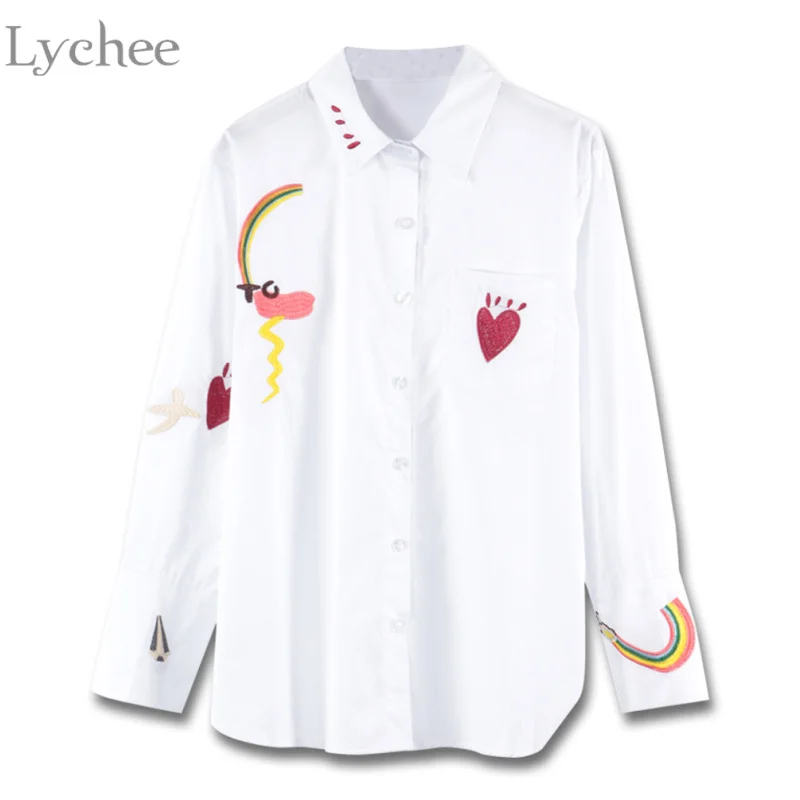 Женская блузка Lychee с вышивкой радужного сердца Повседневная Свободная рубашка