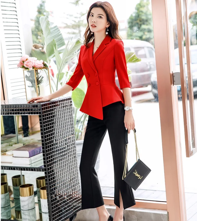

Fashion Red Business Suits Women Pantsuits With 2 Piece Jackets And Pants for Ladies Office Work Wear OL Styles Blazers Sets