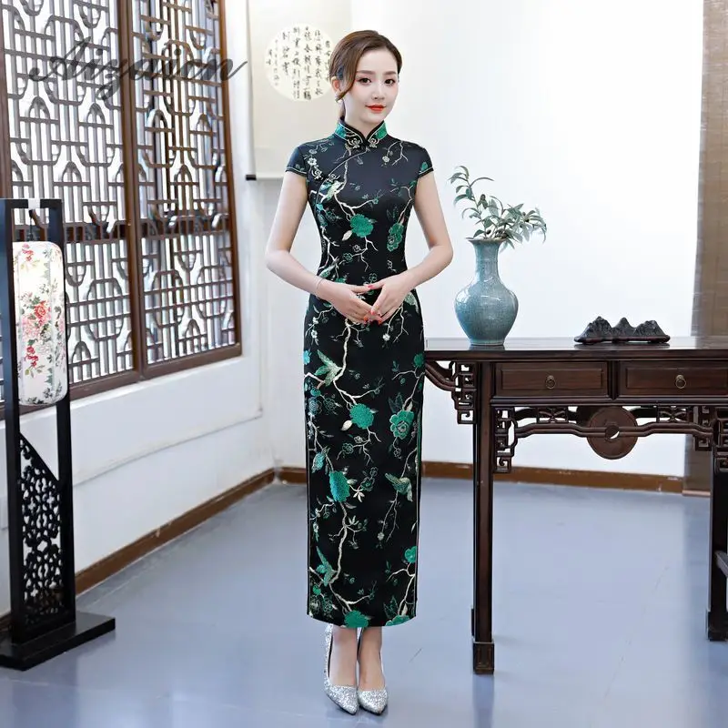 Восточный стиль ретро длинный Cheongsam черный Chinoise тонкий Qi Pao для женщин Китайская традиционная одежда платье Ципао Женская Роба в восточном стиле
