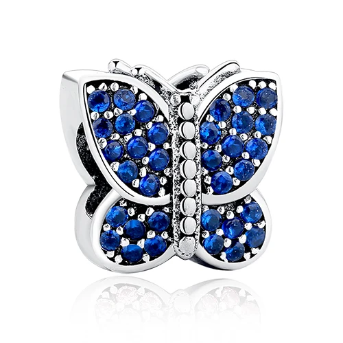 Шарм 925 серебро Талисманы Игристые Бабочка CZ животных Бусины Fit Pandora браслет Цепочки и ожерелья DIY ювелирных изделий - Цвет: PY1013 BLUE