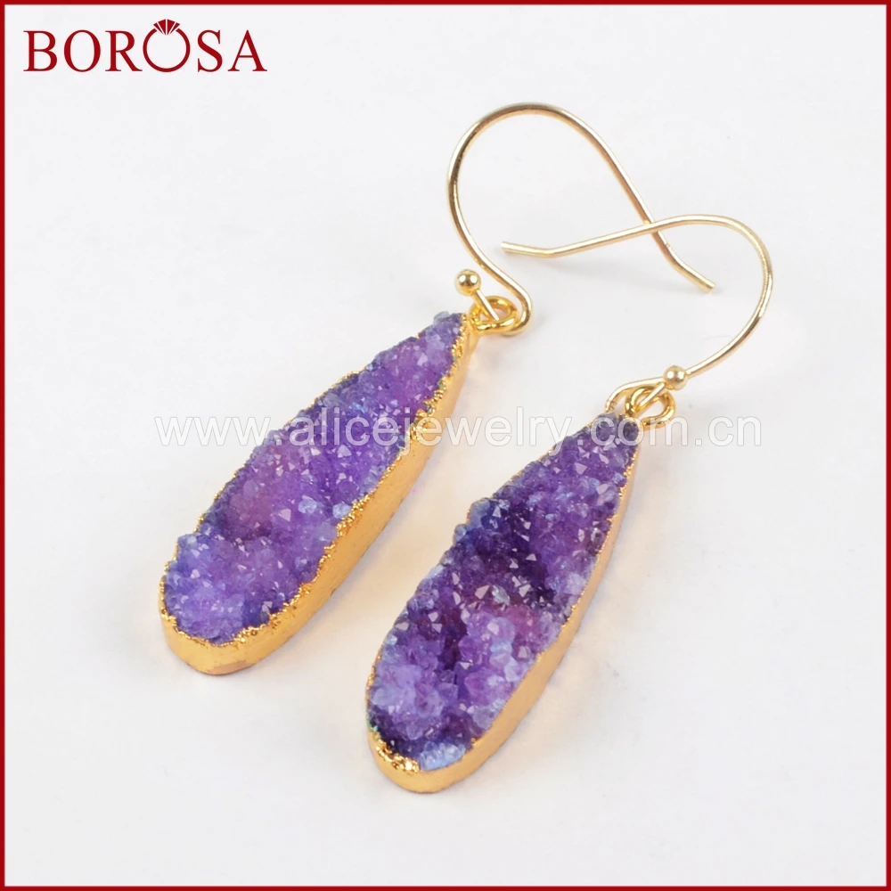 Бороза 5 пар/лот Золотисто-цветные длинные подвесные серьги с радужными кристаллами Друзи Геоды для женщин серьги Друси G0430-E.
