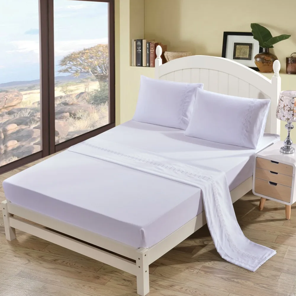 Solid Color Sanding Embroidery Bed Sheets Queen King Size Sheet Set 1 Piece Flat Fitted 2pcs Pillowcases | Дом и сад