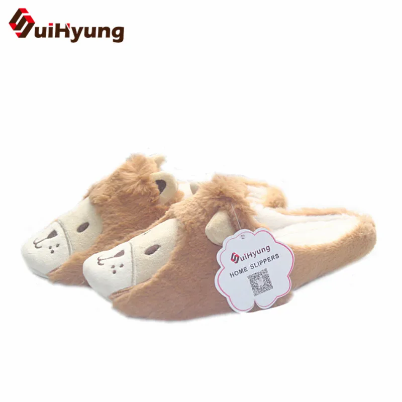 Suihyung/плюшевые тапочки с забавными животными; женская зимняя теплая Нескользящая домашняя обувь; женская обувь на плоской подошве с мехом коричневого льва; меховая обувь