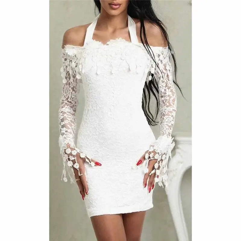 

Sexy Fashion Women Off Shoulder Lace Long Sleeve Bodycon Party Evening Mini Dress Club High Waist Pencil Mini Dresses