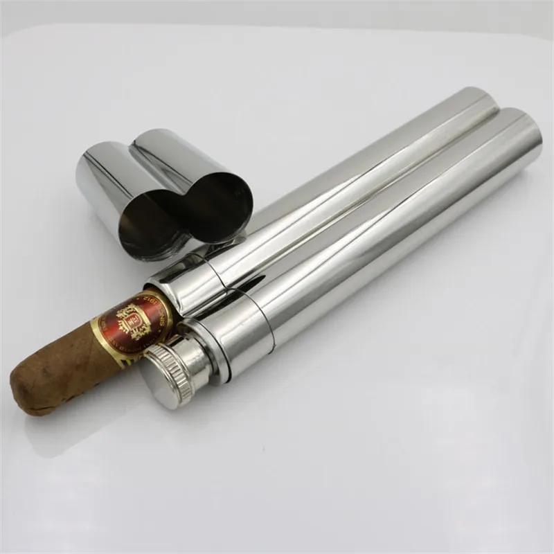 Portable Travel Stainless Steel Double Pipe Cigar Tube with Wine Tube - 2 in 1 Metal Cigar Humidor Case - Cigar Tools image 2