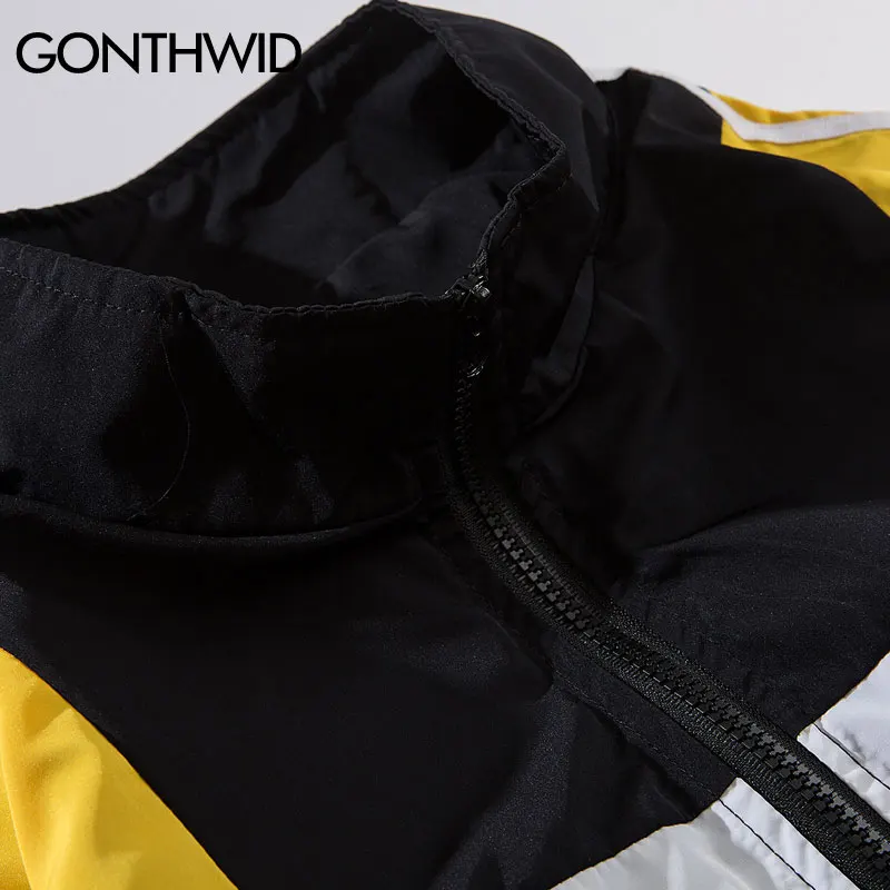 GONTHWID Винтаж цвет блок лоскутное куртки осень 2018 г. хип хоп Полный Zip Up Track ветровка