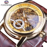 forsining classic royal retro luxury series golden case hollow skeleton dial brown leather mens automatic watch top brand luxury