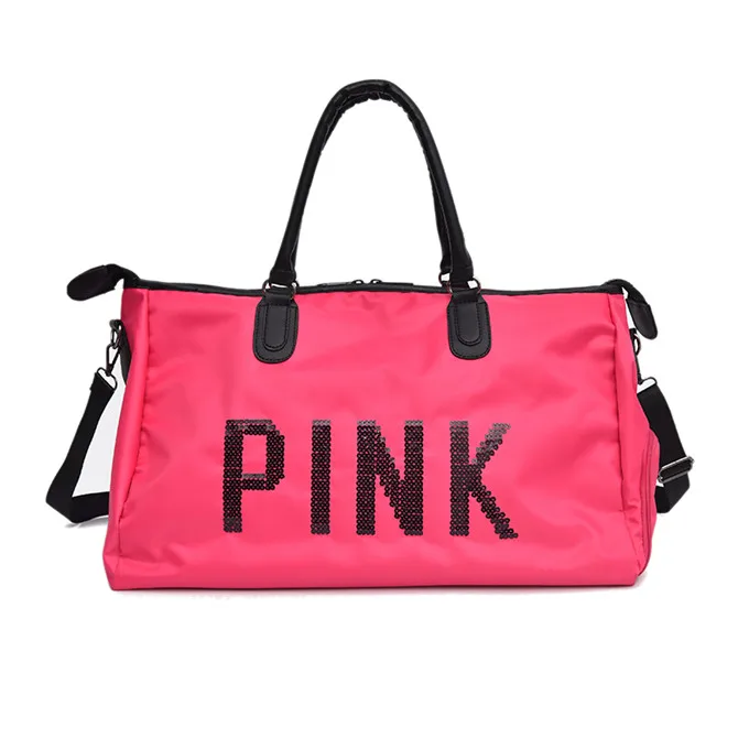 Size L -Rose Pink Дорожная сумка с блестками и розовыми буквами, разработанная из искусственной кожи Женская дорожная сумка на плечо, Вместительная дорожная сумка для багажа - Цвет: Size L -Rose Pink