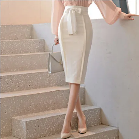 Skirt Женский комплект из 2 предметов, розовая блузка с рукавом-фонариком, топы+ белая драпированная юбка с бантом, офисный женский тонкий облегающий комплект с юбкой до колен - Цвет: Skirt