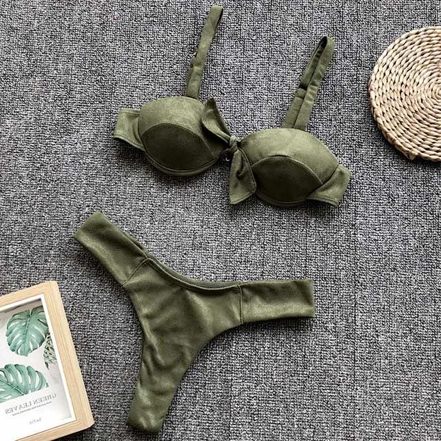 B099ArmyGreen Бархатное бикини, пуш-ап купальник с узлом, Женский бразильский купальник, женский купальник из двух частей, стринги, бикини, набор, Бюстгальтер, чашка, купальный костюм - Цвет: B099ArmyGreen