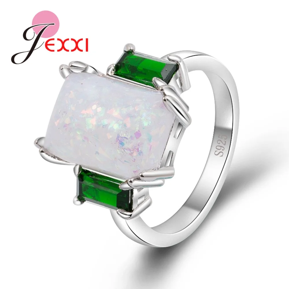 

Real 925 Sterling Silver Girls Women Fashion Rectangle White Fire Opal Anillos With Green Crystals Wedding Rings Jewelry