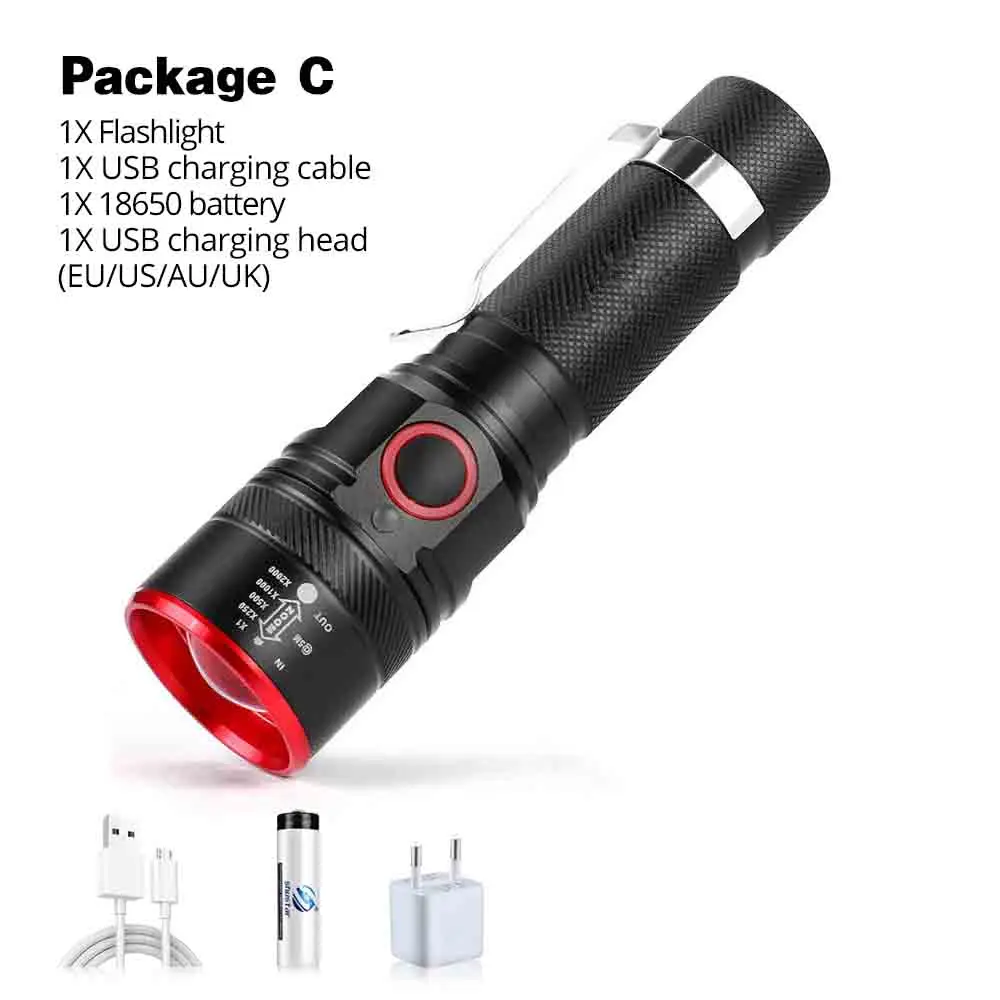 Package C USB аккумуляторные велосипедные фары T6 светодиодный фонарик 3 режима освещения с подсветкой Питание от аккумулятора 18650 Фонар - Цвет: Package C