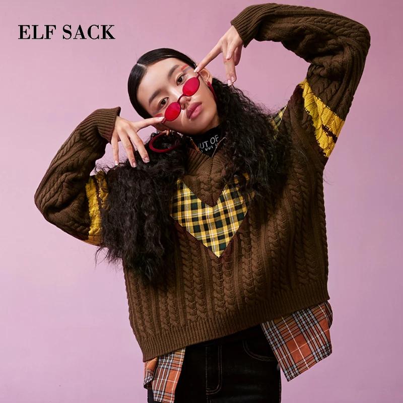 ELF SACK Winter Warm Woman New Sweater Casual Full V-Neck Women Pullovers Color Patchwork Stylish Femme Hand Knitted | Женская одежда