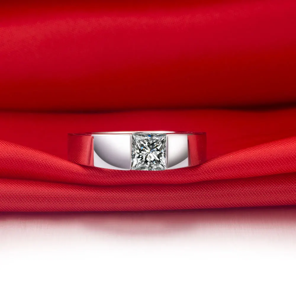 

1Ct Genuine Moissanite Princess Shape Man Ring Solitaire 6*6mm 14K 585 White Gold Solid Moissanite Credible Ring