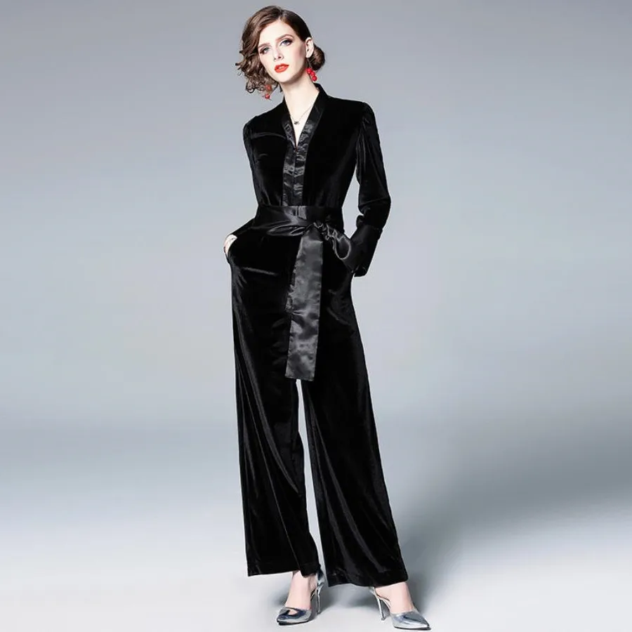 Элегантный женский комбинезон с v-образным вырезом длинным рукавом и высокой