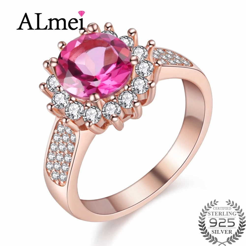 Кольцо Almei из розового золота с белым и красным топазом серебро 925 пробы для