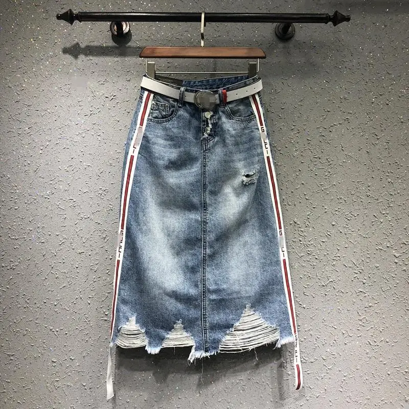2018 Новый high street Женщины Юбки Леди Мода отверстия Империя синий деним до колен