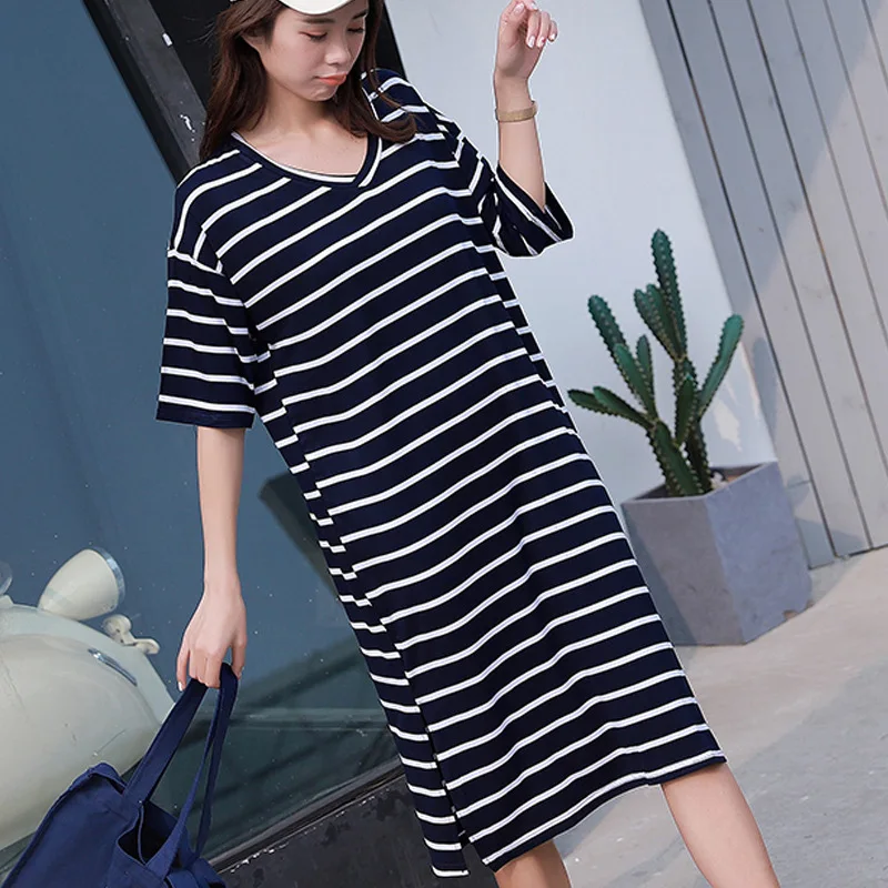 New plus-size dress summer version of loose splicing stripe Short sleeve pregnant woman's long Dress | Женская одежда