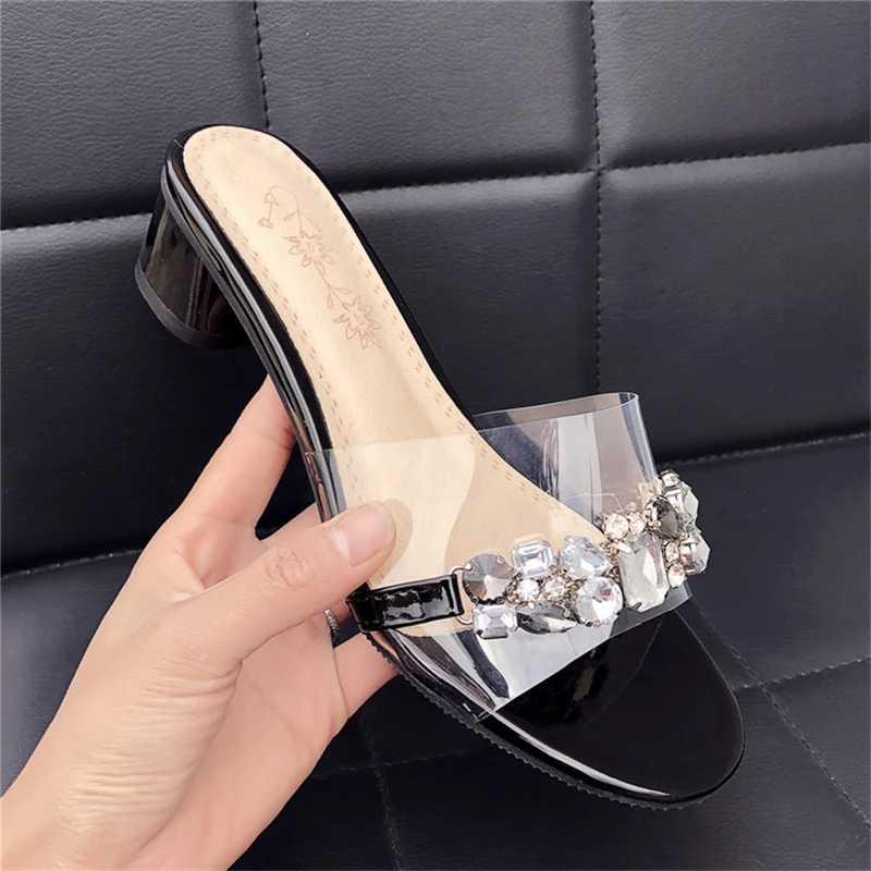 Удобные тапочки на низком каблуке женские модные роскошные сандалии стразы