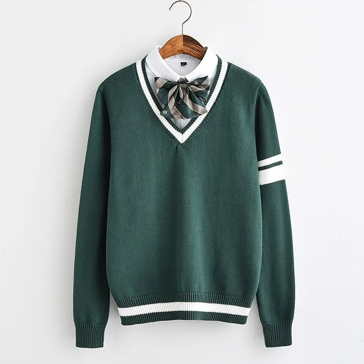 JK Loose size sweater Cute soft Dark green color Sweet gentle Single sleeves two bars stripe sweater
