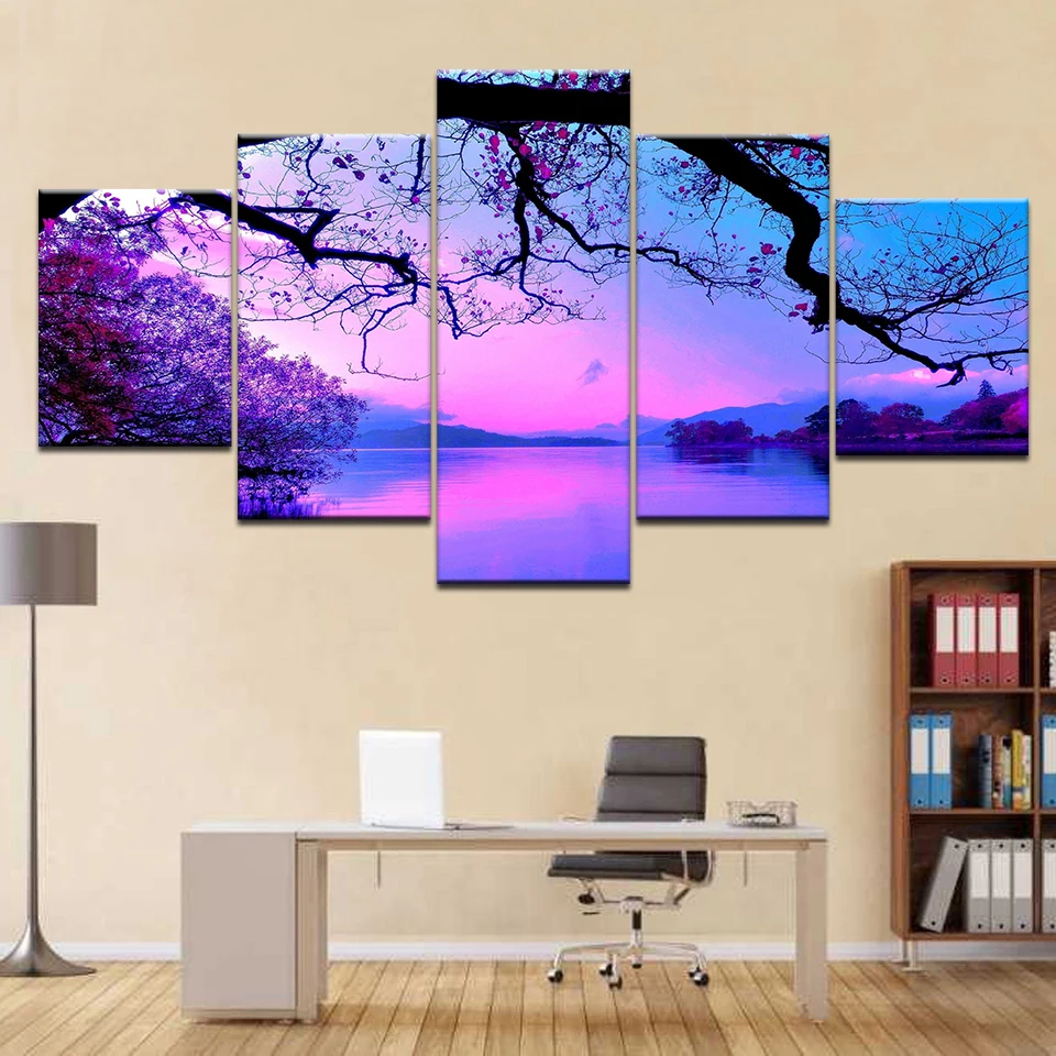 Canvas Wall Art Paintings Living Room Home Decor Framework 5 Pieces Purple Sunset Trees Lake Landscape Pictures HD Prints Poster | Дом и сад