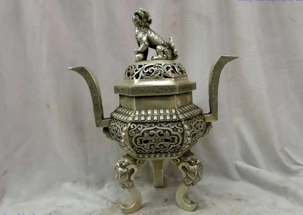 

12" China silver finely censer carved Foo Dogs Lion ball incense burner Statue