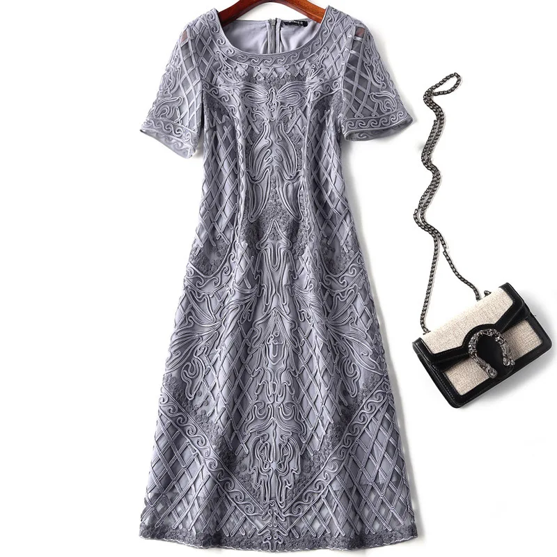 

XXXXL Dress Vestidos 2019 Spring Summer Fashion Party Cocktail Women's Dress O-Neck Allover Appliques Embroidery Dress Grey