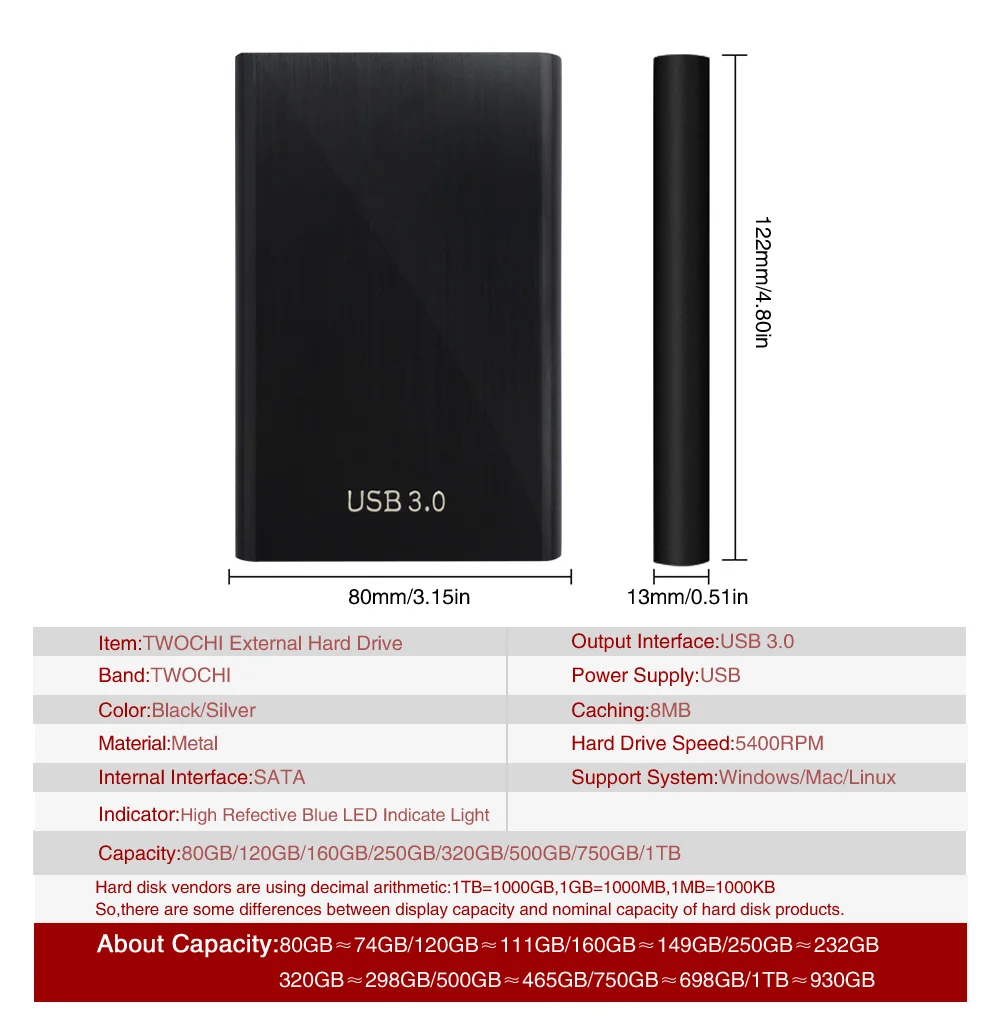 Twochi HDD 2,5 ''внешний жесткий диск USB3.0 1 ТБ 750GB 500GB 320GB 250GB 160GB 120GB 80GB Портативный жесткий диск для ПК/Mac