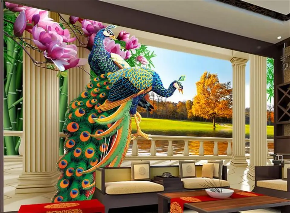 3d Custom photo mural wallpaper Peacock fortune tree setting wall decor painting murals for walls 3 d | Обустройство дома