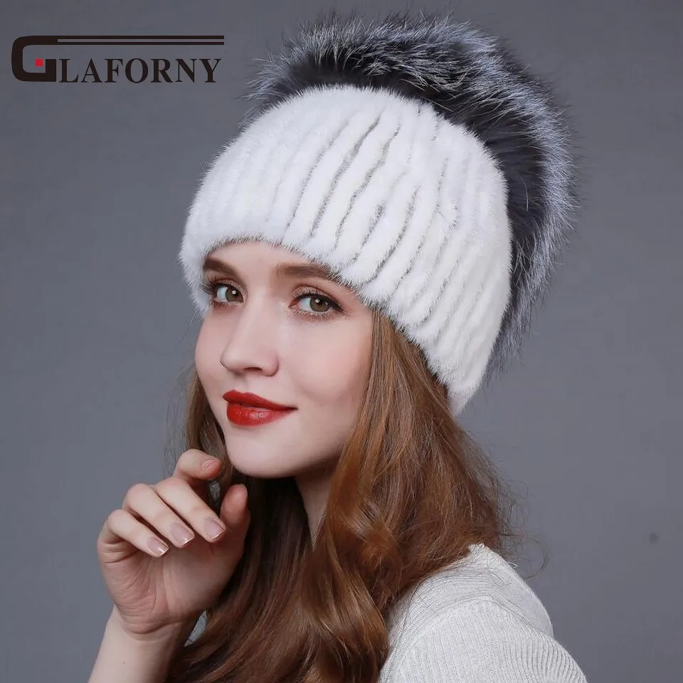 Glaforny 2017 Новый стиль Женская зимняя вязаная норковая меховая шапка с помпонами из