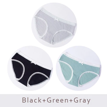 BlackGreenGray 3 шт./партия, хлопковые трусики с бантиком, женское нижнее белье, полосатые трусы, дышащие трусики для девочек, женские трусики со средней талией, бесшовные трусы DULASI - Цвет: BlackGreenGray
