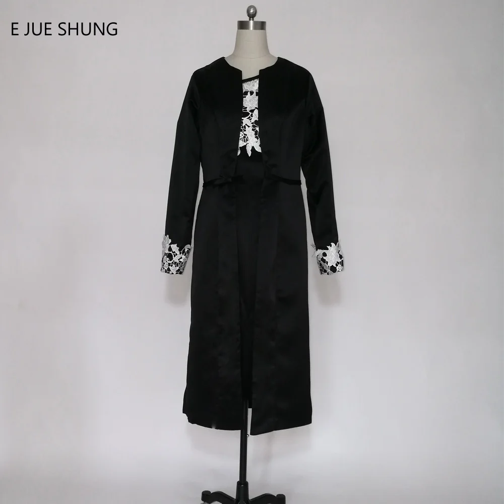 

E JUE SHUNG Black Satin Lace Tea Length Mother of the Bride Dresses With Long Jacket Formal Evening Dresses robe de soiree