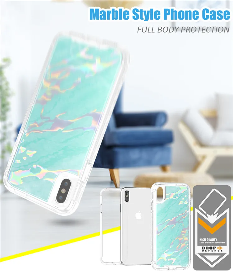 Модный мраморный лазерный чехол для телефона iPhone XS MAX XR X 6s 6 7 8 Plus PC+ TPU 360 Полный Корпус противоударный прозрачный чехол