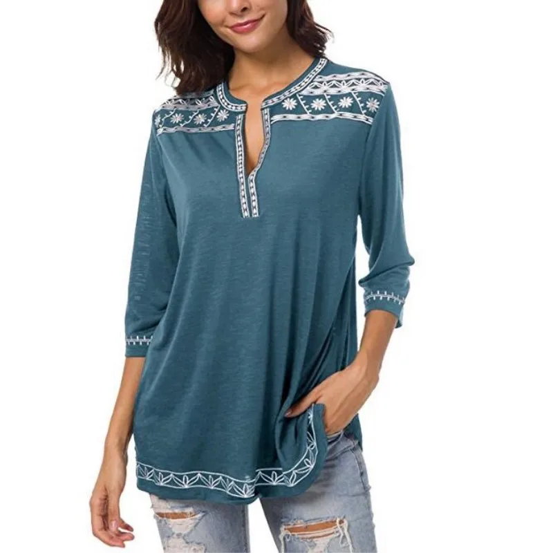 

2019 autumn new women's T-shirt deep V printing seven-point sleeve women's clothing