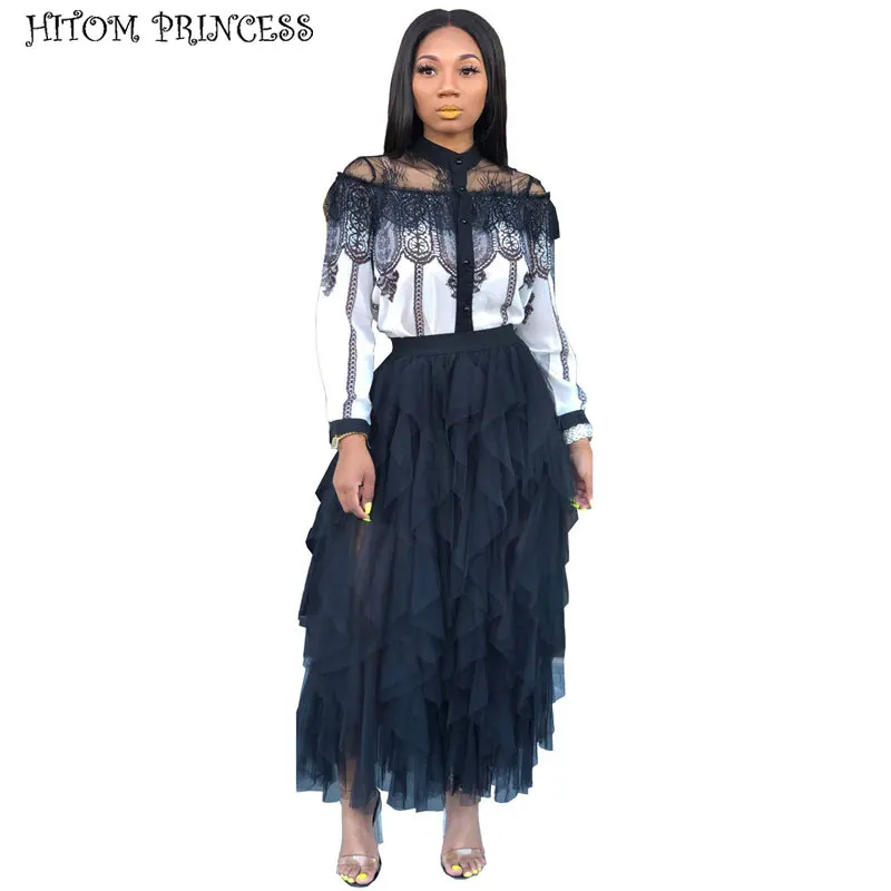 HITOM PRINCESS Fashion Tutu Tulle Skirt Women Long Maxi Skirt Summer High Waist Pleated Skirts Female Jupe Saias