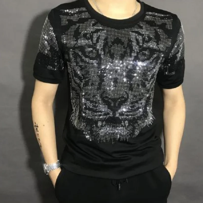 Мужской тигр горный хрусталь бисер fanshion bling толстовки/шоу/клуб/Топ/короткий рукав