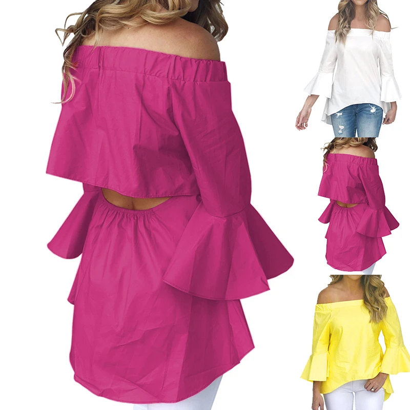 Women Bardot Top Brief Flare Sleeve Shirt Ladies Tunic Off Shoulder Blouse Spring |