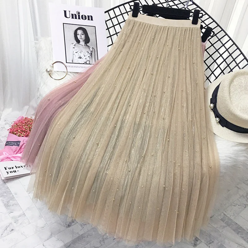Beige Qiuxuan, модная женская плиссированная юбка с украшением из бисера, весенне-летняя длинная Прозрачная Черная фатиновая юбка, эластичная юбка средней длины с высокой талией - Цвет: Beige