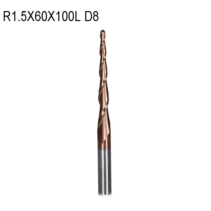 1 шт. R1.5 * D8 60 100L 2F HRC55 вольфрамовое твердосплавное покрытие конические сферические
