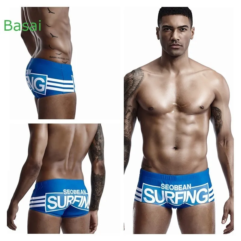 Sexy Stripes Men's Swimwear Bikini Swimming Trunks Men Swimsuit Seobean Gay Mens Swim Wear Beach Surf Bathing Suit Sport Shorts - Цвет: Blue