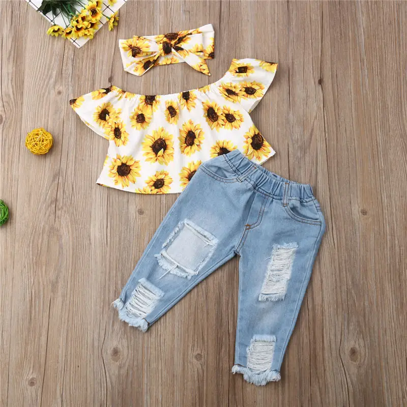 Toddler Kids Baby Girls Clothes Set 3 Piece Off Shoulder Sunflowers Top Ripped Jeans Pants Headband Children Summer Outfits