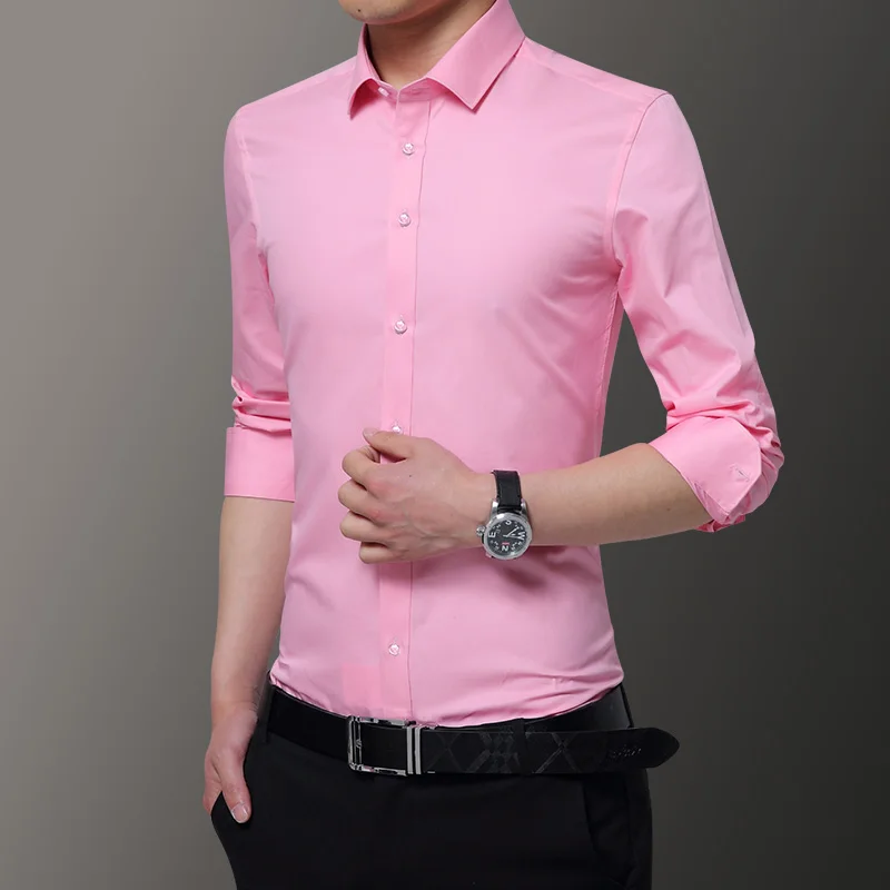 Рубашка мужская однотонная с длинным рукавом классическая сорочка Slim Fit в