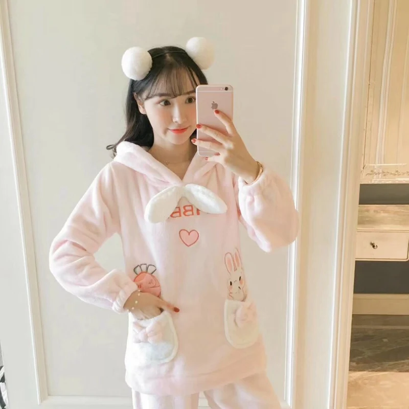 JINUO Women's Winter Flannel Long-Sleeved Home Service Cartoon Lovely Rabbit Flamingo Warm Pajama Set | Женская одежда