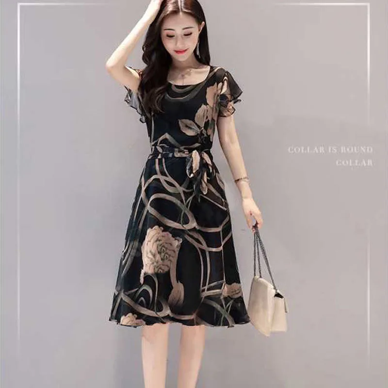 

Newly Women Dress Floral Printed A-line Slim Fit U Neck Dress for Summer m99