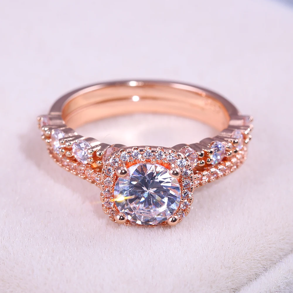 

Huitan Halo Rose Gold Color Wedding Ring Sets For Ladies Trendy Wedding 2PC Bridal Sets Anniversary Celebration Present For Wife